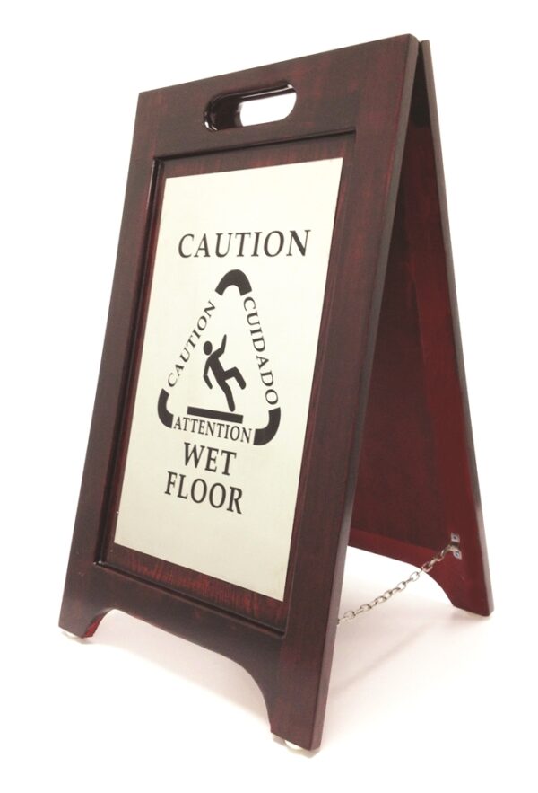 Hospitality 1 Source Caution Wet Floor Sign, Bilingual English Spanish, Walnut Finish, Nickel Plate (2/Case)