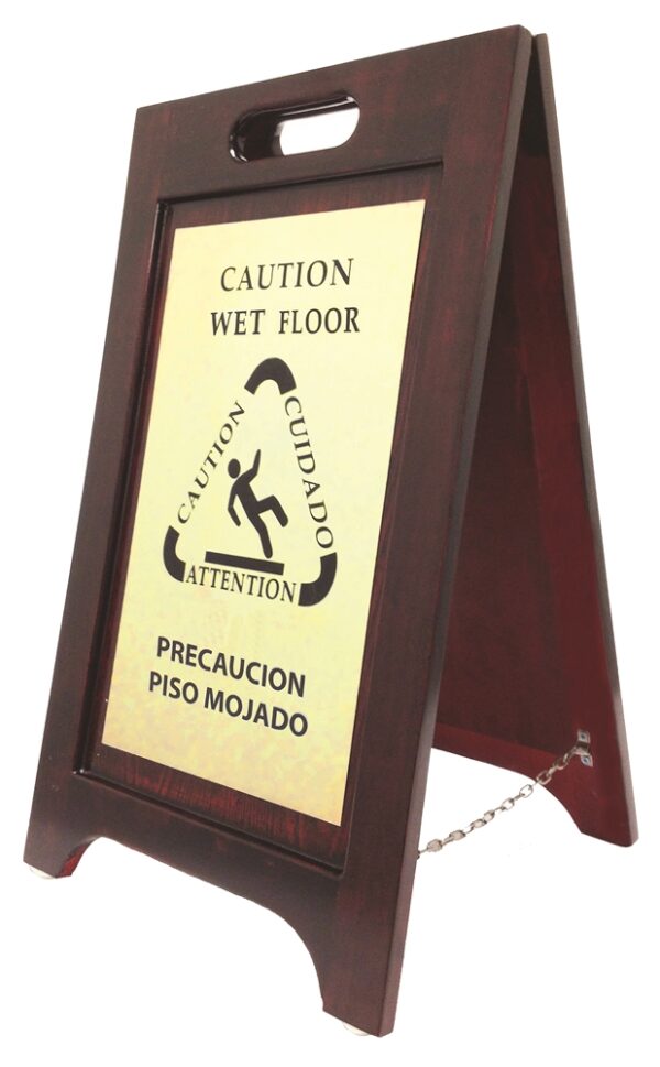 Hospitality 1 Source Caution Wet Floor Sign, Bilingual English Spanish, Walnut Finish, Brass Plate (2/Case)