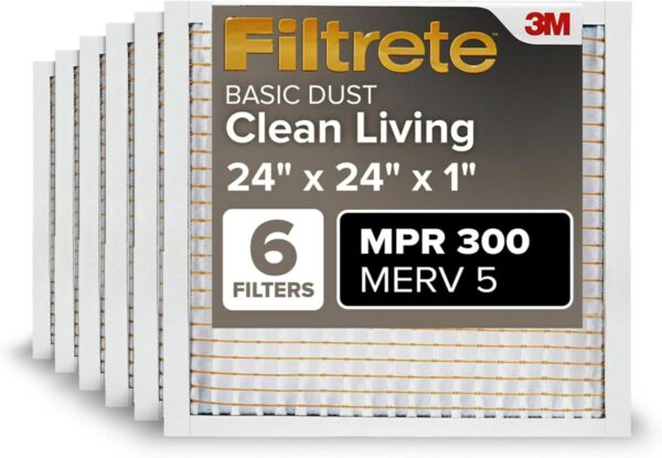 Filtrete 24x24x1 AC Furnace Air Filter, MERV 5, MPR 300, Capture Unwanted Particles, 3-Month Pleated 1-Inch Electrostatic Air Cleaning Filter (6/Pack)