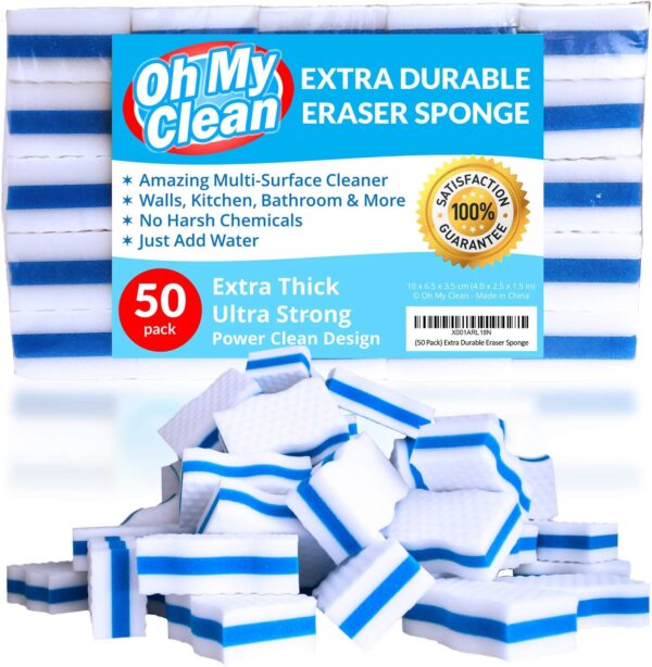 Extra Durable Eraser Sponge - Extra Thick, Long Lasting, Premium Melamine Sponges in Bulk - Multi-Purpose Power Scrubber - Bathroom, Kitchen, Floor, Bathtub, Toilet, Baseboard, Wall Cleaner (50/Pack)