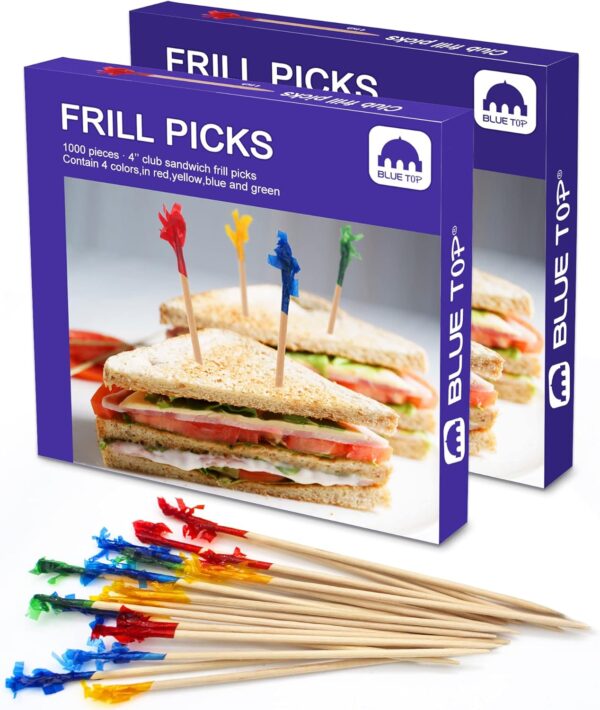 BLUE TOP 4" Inch Wood Frill Picks Toothpicks, Club Frill Toothpicks,Sandwiches Picks, Cocktail Party Toothpicks for Fruit, Appetizers, Club Sandwiches, Parties (2000/Case)