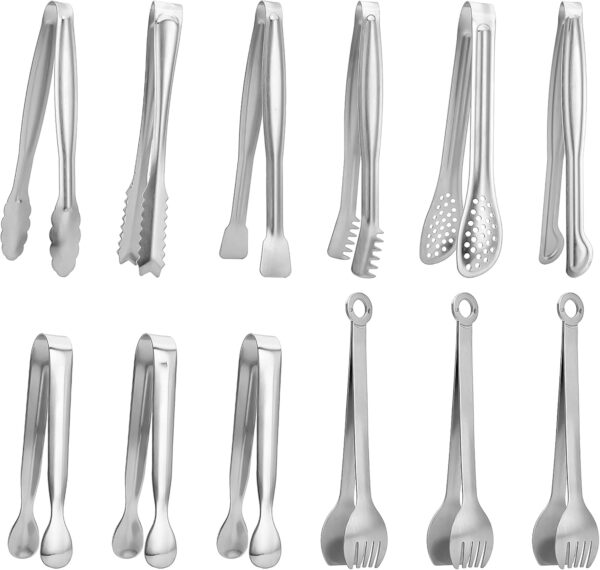 Cedilis Mini Serving Tongs Sugar Cube Tongs Ice Tongs Stainless Steel Appetizers Tongs for Serving Food Tea Party Coffee Bar, Silver, 6" & 4.3" (12/Pack)