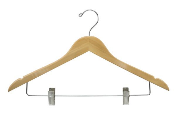 Women's Hanger, Flat Open Hook with Clips, Natural with Nickel Hook & Clips (100/Case)