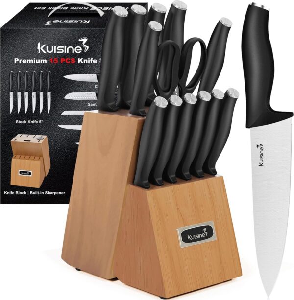 15 Piece Kuisine Chef Knife Set,High Carbon Stainless Steel Ultra Sharp Blade Ergonomic Handle,Kitchen Knife Block Set with Built-in Sharpener (Each)