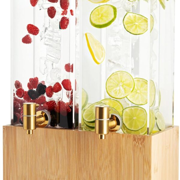 1.25 Gallon Dual Acrylic Beverage Dispenser with Bamboo Stand – Iced Drink Dispenser w/ Stainless Steel Spigot & Built-in Ice Core (Each)