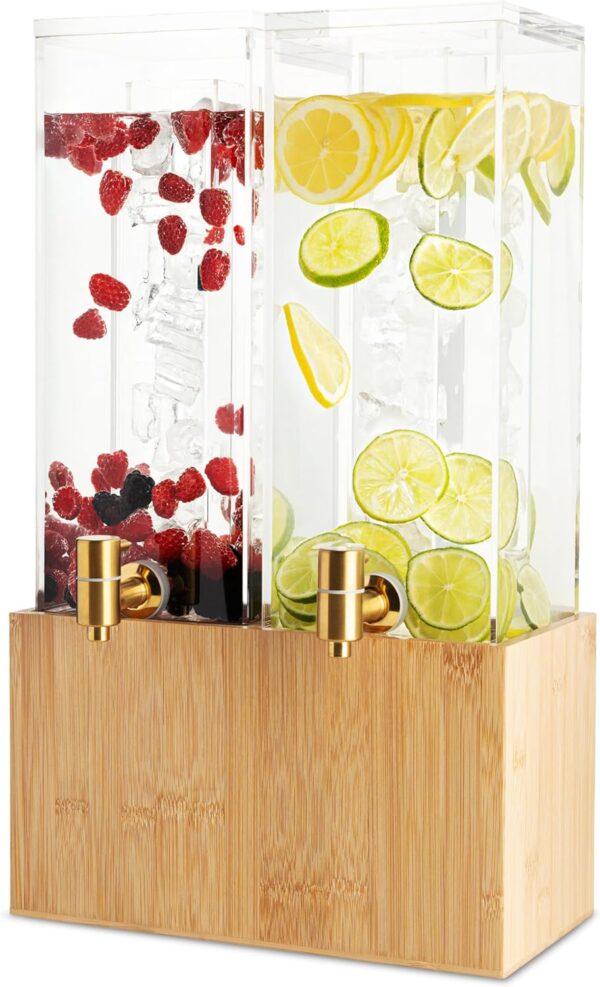 1.25 Gallon Dual Acrylic Beverage Dispenser with Bamboo Stand – Iced Drink Dispenser w/ Stainless Steel Spigot & Built-in Ice Core (Each)